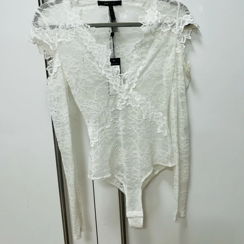 NWT BCBG MAXAZRIA Off-White Lace Cut Out Bodysuit Size XXS - Picture 7 of 11